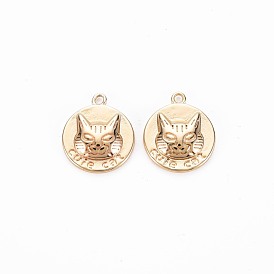 Brass Charms, Nickel Free, Flat Round with Cat