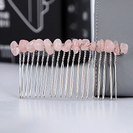 Peignes à cheveux en copeaux de quartz rose naturel à dents, à trouver métal, pour femmes filles