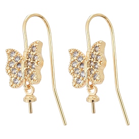 Brass Micro Pave Cubic Zirconia Earring Hooks, Ear Wire, Long-Lasting Plated, for Half Drilled Beads, Butterfly, Clear