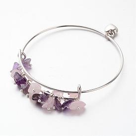 Brazaletes de hierro ajustables, con granos de la viruta de la piedra preciosa, Platino, 64 mm