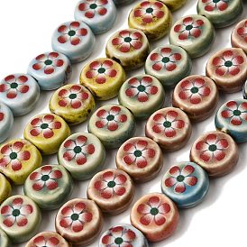 Flat Round Handmade Floral Porcelain Beads, Vintage Ceramic Beads with Red Five-Petal Flower Print