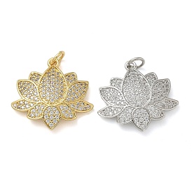 Rack Plating Brass Micro Pave Cubic Zirconia Pendants, Long-Lasting Plated, Lead Free & Cadmium Free, Lotus Charms, with Jump Ring