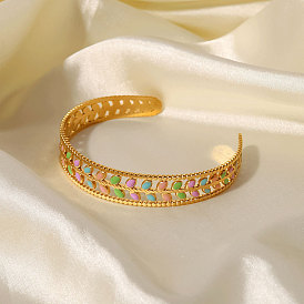 Chic Stainless Steel Bracelet with 18K Gold Olive Branch and Colorful Leaves for Women