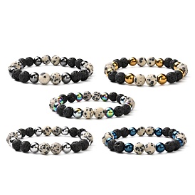 Matte Stone Round Beads Stretch Bracelets for Men Women, Natural Dalmatian Jasper & Lava Rock & Non-magnetic Synthetic Hematite Beads Bracelets