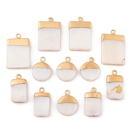 Подвески из гальванических натуральных пресноводных ракушек, с латунной фурнитурой золотого цвета, плоский круглый и прямоугольник и ромб