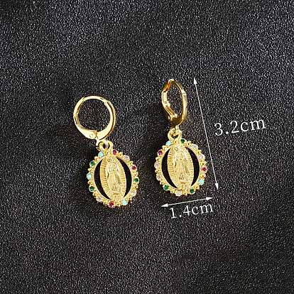 Латунные серьги горный хрусталь обручем, овальные с рисунками " virgin mary", золотые
