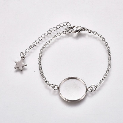 304 fabrication de bracelet en acier inoxydable, avec fermoir pince de homard, chaînes de câble et réglages de cabochon rond et plat