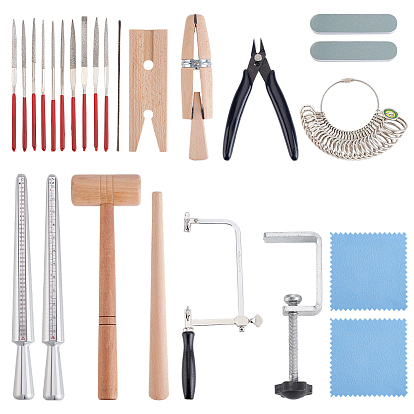 Наборы ювелирных инструментов, зажимы для древесной коры, Регулятор размера кольца в форме деревянного конуса с молоточком, железные алмазные напильники, стали ювелирные клещи, Профессиональные измерители размера колец из сплава и линейки для измерения размера колец из алюминиевого сплава