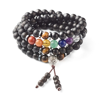 Natural Wood Beads Wrap Bracelets, Four Loops, with Tibetan Style Alloy Guru Beads, Synthetic & Natural Gemstone Beads