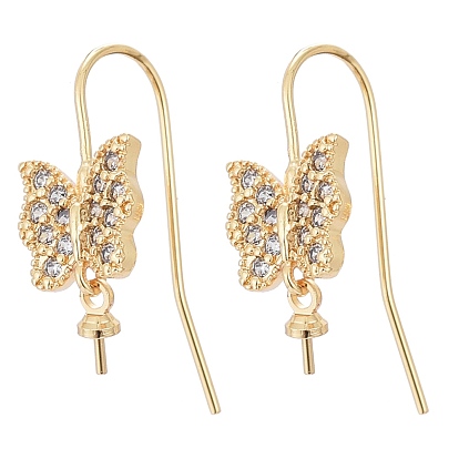 Brass Micro Pave Cubic Zirconia Earring Hooks, Ear Wire, Long-Lasting Plated, for Half Drilled Beads, Butterfly, Clear