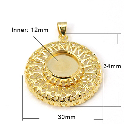 Brass Pendant Cabochon Settings, Flat Round, 34x30x7mm, Hole: 4x6mm, Tray: 12mm
