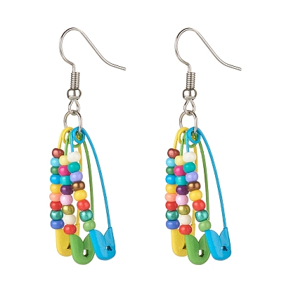 Glass Seed Beaded Safety Pins Long Dangle Earrings, Beads Chandelier Earrings for Women