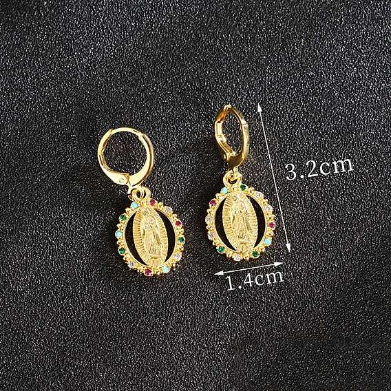 Латунные серьги горный хрусталь обручем, овальные с рисунками " virgin mary", золотые