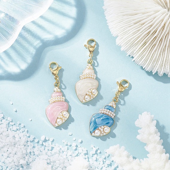 Подвески из эмалевого сплава в форме раковины, с искусственным жемчугом из АБС-пластика и 304 карабинами из нержавеющей стали