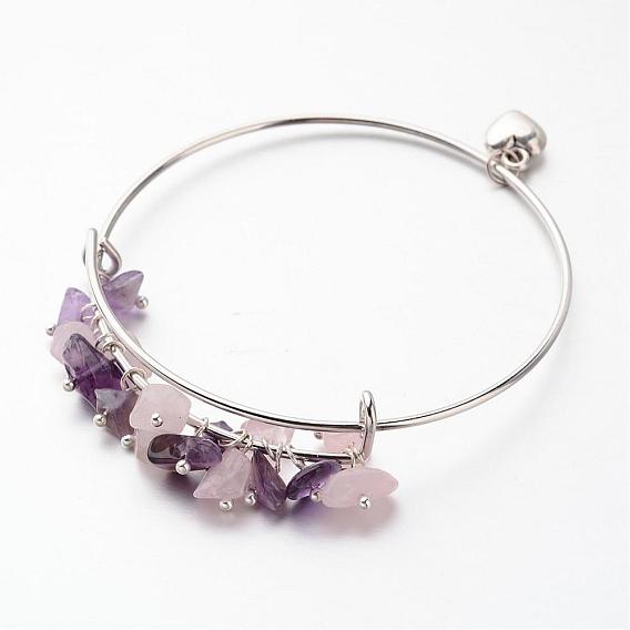 Adjustable Iron Bangles, with Gemstone Chip Beads, Platinum, 64mm