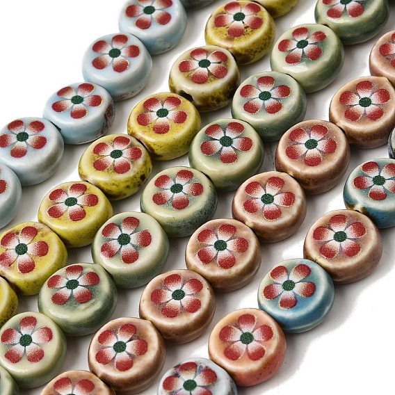 Perles plates rondes en porcelaine à motif floral faites à la main, Perles en céramique vintage à motif de fleur rouge à cinq pétales