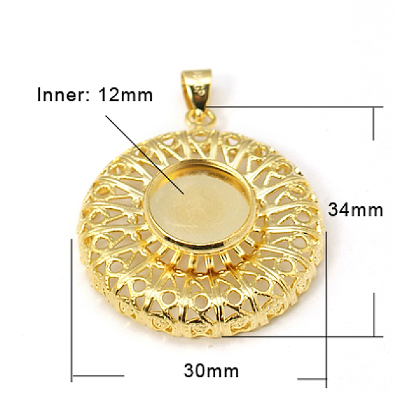 Brass Pendant Cabochon Settings, Flat Round, 34x30x7mm, Hole: 4x6mm, Tray: 12mm