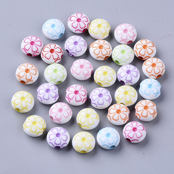 Craft Style Acrylic Beads, Flat Round with Flower
