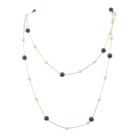 Длинные ожерелья из латунной цепочки «Бостон» с круглыми натуральными драгоценными камнями и ракушечным жемчугом, золотые