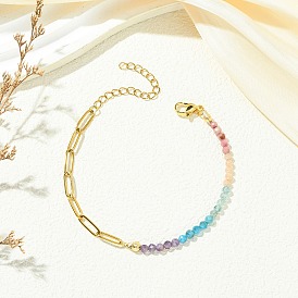 Браслеты из круглых бусин из натуральных смешанных драгоценных камней, 304 Плоские браслеты из нержавеющей стали в виде скрепок для женщин