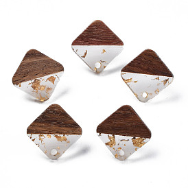Transparent Resin & Walnut Wood Stud Earring Findings, with 304 Stainless Steel Pin and Gold Foil, with Hole, Two Tone, Rhombus