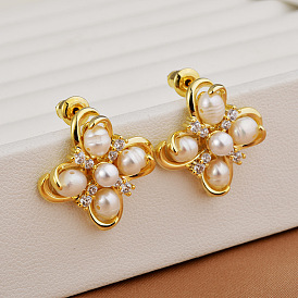 Clover Brass Pave Clear Cubic Zirconia & Freshwater Pearl Stud Earrings for Women