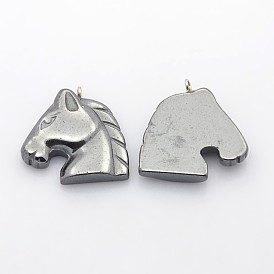 Non-Magnetic Synthetic Hematite Horse Head Pendants, 25x24x6mm, Hole: 2mm