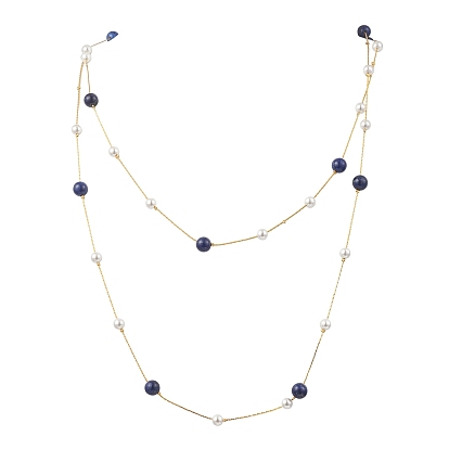 Длинные ожерелья из латунной цепочки «Бостон» с круглыми натуральными драгоценными камнями и ракушечным жемчугом, золотые