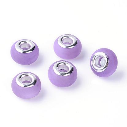 Resin Imitation Cat Eye European Beads, Large Hole Beads, Frosted Style, with Silver Color Plated Brass Cores, Rondelle