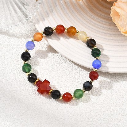 Браслеты из окрашенного и термически обработанного натурального многоцветного агата и красного агата, а также латунных бусин, изготовленные из эластичной ткани., крест и коса