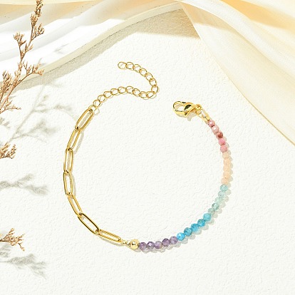 Браслеты из круглых бусин из натуральных смешанных драгоценных камней, 304 Плоские браслеты из нержавеющей стали в виде скрепок для женщин