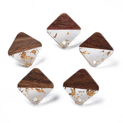 Transparent Resin & Walnut Wood Stud Earring Findings, with 304 Stainless Steel Pin and Gold Foil, with Hole, Two Tone, Rhombus