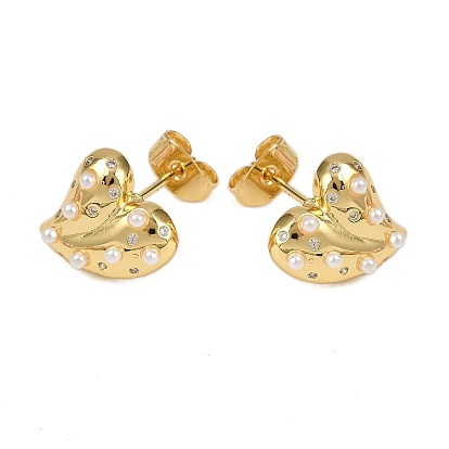 Серьги-гвоздики в форме сердца из латуни с прозрачным кубическим цирконием, без кадмия и без свинца, долговечный, стойки покрытие, с имитацией жемчуга