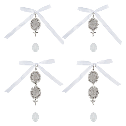 Овальный фотобукет из сплава и стекла в тибетском стиле, подвесные украшения, с атласной лентой и застежками-карабами из цинкового сплава.