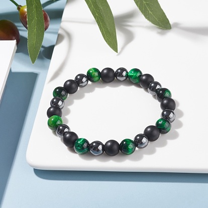 Bracelets extensibles en perles de pierre rondes, Bracelet pour femme en oeil de tigre naturel, pierre noire synthétique et perles d'hématite