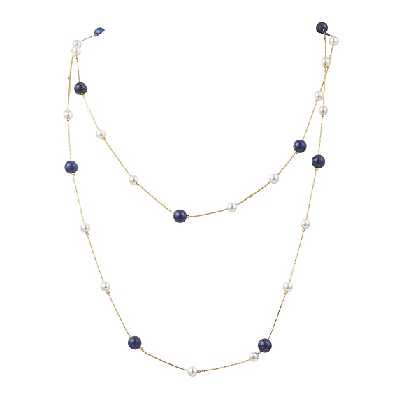 Длинные ожерелья из латунной цепочки «Бостон» с круглыми натуральными драгоценными камнями и ракушечным жемчугом, золотые