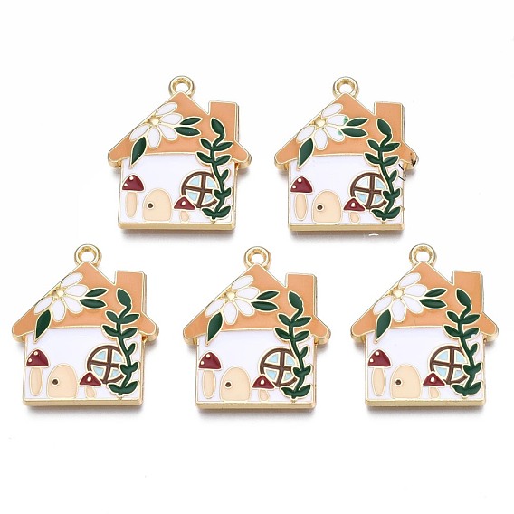 Rack Plating Alloy Enamel Pendants, Cadmium Free & Nickel Free & Lead Free, Light Gold, House