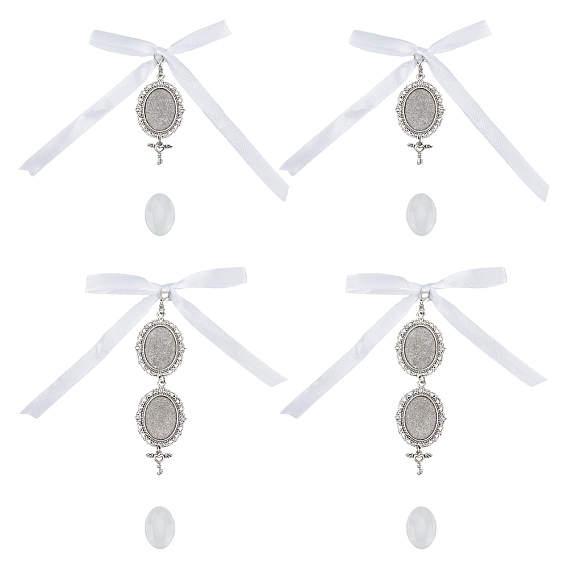 Овальный фотобукет из сплава и стекла в тибетском стиле, подвесные украшения, с атласной лентой и застежками-карабами из цинкового сплава.