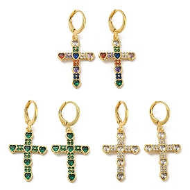 Cross Real 18K Gold Plated Brass Dangle Leverback Earrings, with Glass