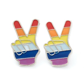 Alloy Enamel Brooches, Enamel Pin with Butterfly Clutches, Rainbow Yeah Victory Sign Gesture, Peace Hand Sign, Platinum