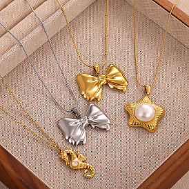 304 Stainless Steel Pendant Necklaces, Bowknot Starfish Heart