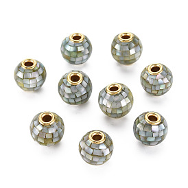 Natural White Shell Mother of Pearl Shell Beads, with Resin & Light Gold Tone Brass Core, Round