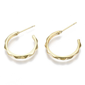 Brass Half Hoop Earrings, Stud Earring, with Stainless Steel Pins, Nickel Free, Ring
