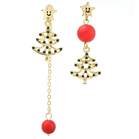 Christmas Tree & Round Alloy & Acrylic Beaded Dangle Stud Earrings for Women, with Brass Pin, Red