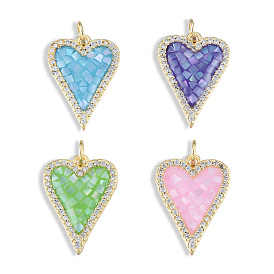 Brass Micro Pave Clear Cubic Zirconia Pendants, with Jump Rings and Shell, Enamel, Real 18K Gold Plated, Nickel Free, Heart