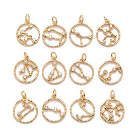 Brass Micro Pave Cubic Zirconia Pendants, with Jump Rings, Cadmium Free & Nickel Free & Lead Free, Long-Lasting Real 18K Gold Plated, Flat Round with Stellar Map