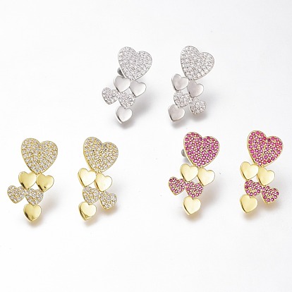 Brass Micro Pave Cubic Zirconia Heart Stud Earrings, with Plastic Ear Nuts, Long-Lasting Plated