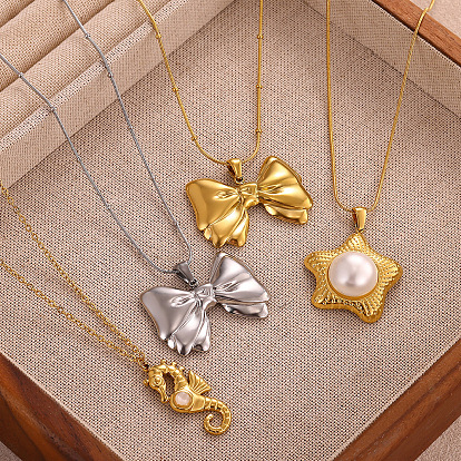 304 Stainless Steel Pendant Necklaces, Bowknot Starfish Heart