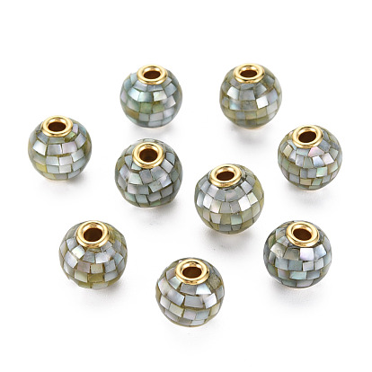 Natural White Shell Mother of Pearl Shell Beads, with Resin & Light Gold Tone Brass Core, Round
