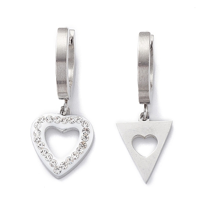3 Pair 3 Style Crystal Rhinestone Clover & Lock & Key & Triangle & Flat Round & Heart Asymmetrical Earrings, 304 Stainless Steel Dangle Hoop Earrings for Women